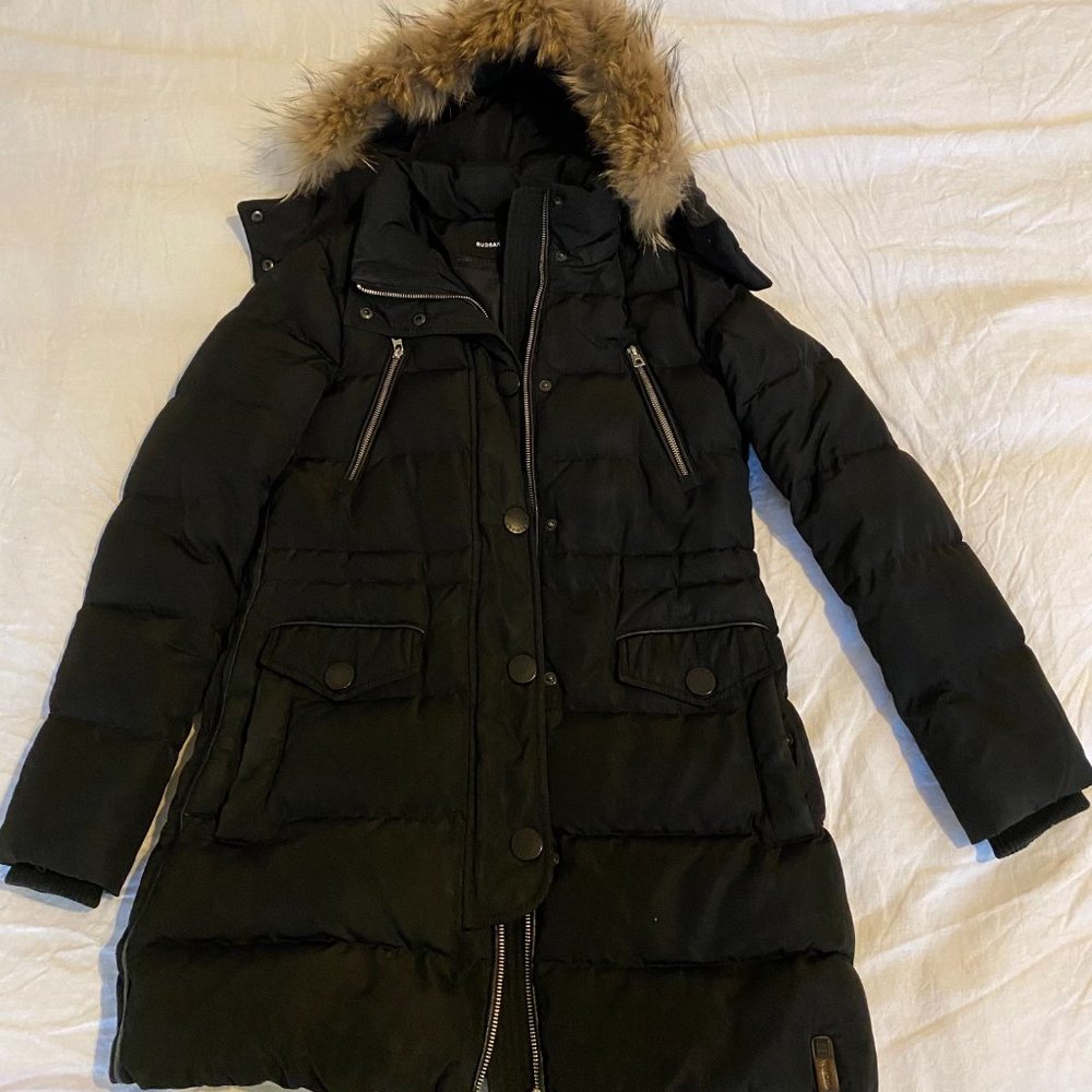 Rudsak Women's Coat Size Small, down with leather trim and removable hood